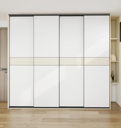 Four white melamine with center panel sliding door set