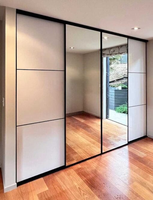 Three divisions white acrylic and mirror sliding door