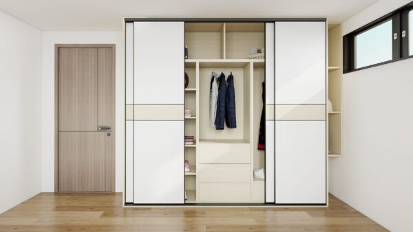 Four white melamine with center panel sliding door set