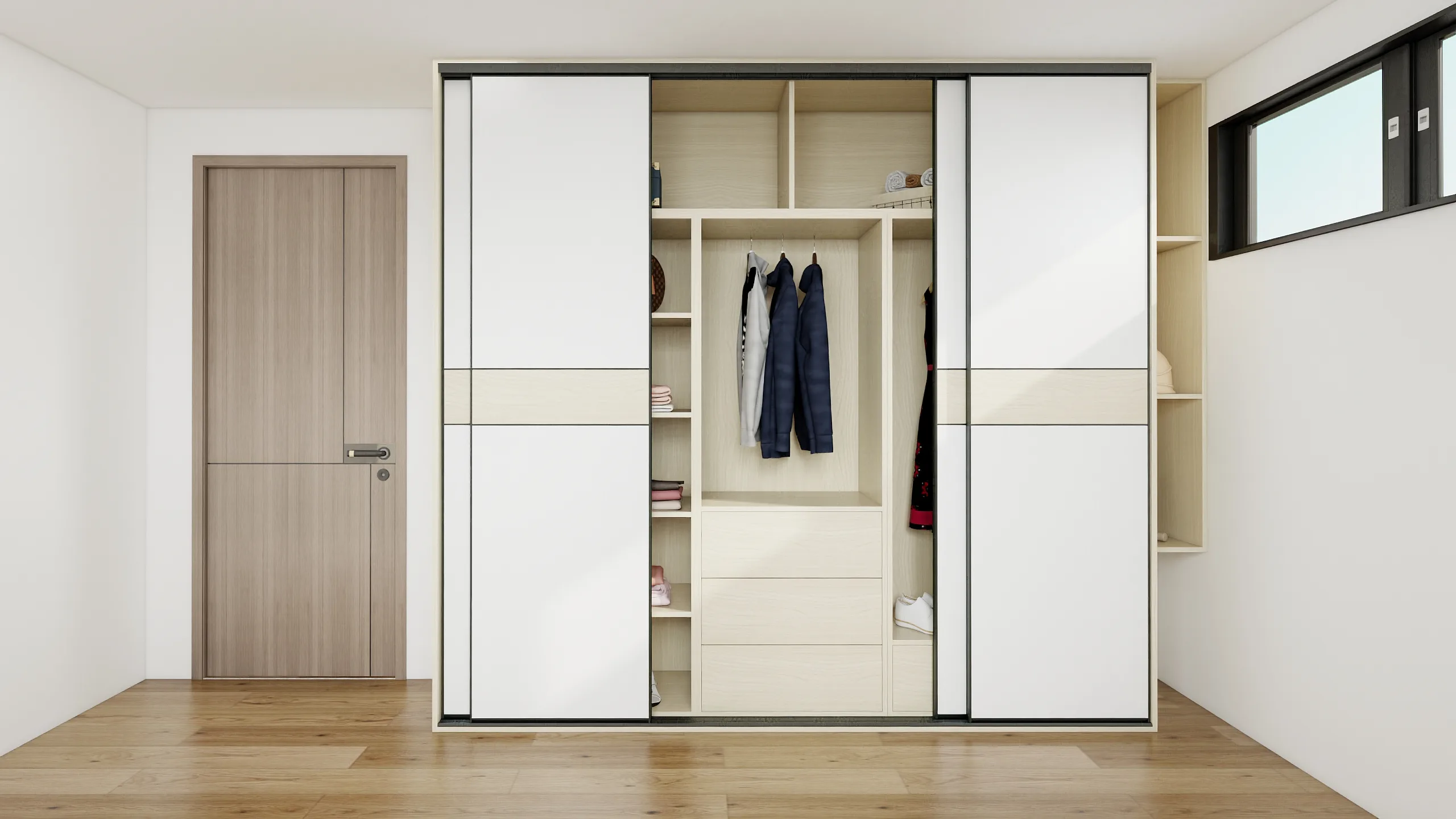 Four white melamine with center panel sliding door set
