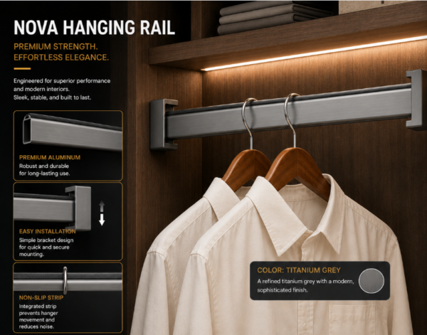 Titanium Grey Wardrobe Hanging Rail 3M/L - Image 2